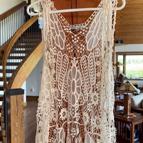 Vintage Cecico White Boho Sleeveless Lace Duster Size Medium - Picture 3 of 16